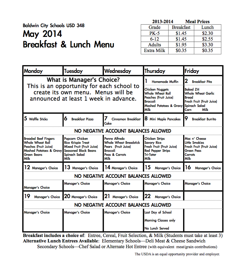 May Menu 2014