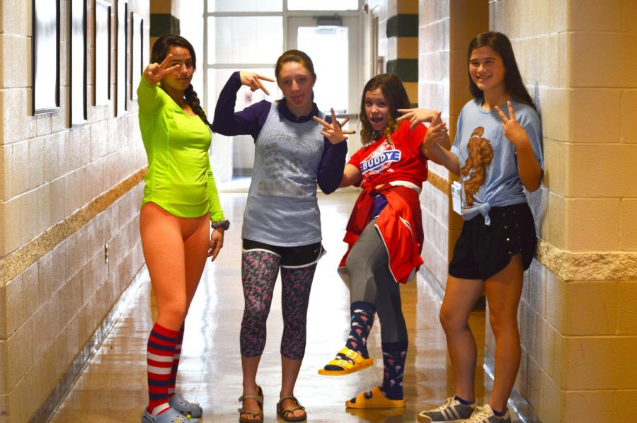freshmen Zoey LaTessa, sophomore Brooklyn Chase, freshmen Madison Burrows and freshmen Chralize Barth are dressed up for fashion disaster