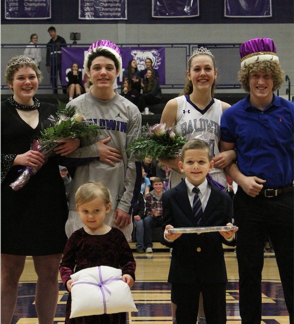 The winners of the Royal Court are crowned. From left to right, Princess Dani Bennett, Prince Hunter Peacock, Queen Kate Ogle, King Cy Hockey.