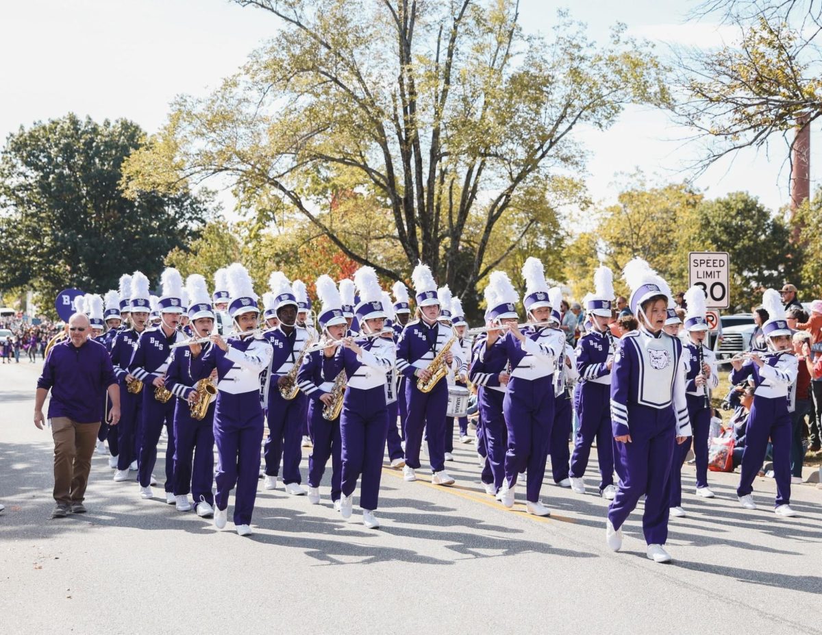The Baldwin High School Band marching at Maple Leaf Festival in 2022