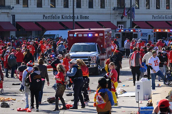Chiefs Parade disperses while animist the cross the injured are being treated for possible injuries.